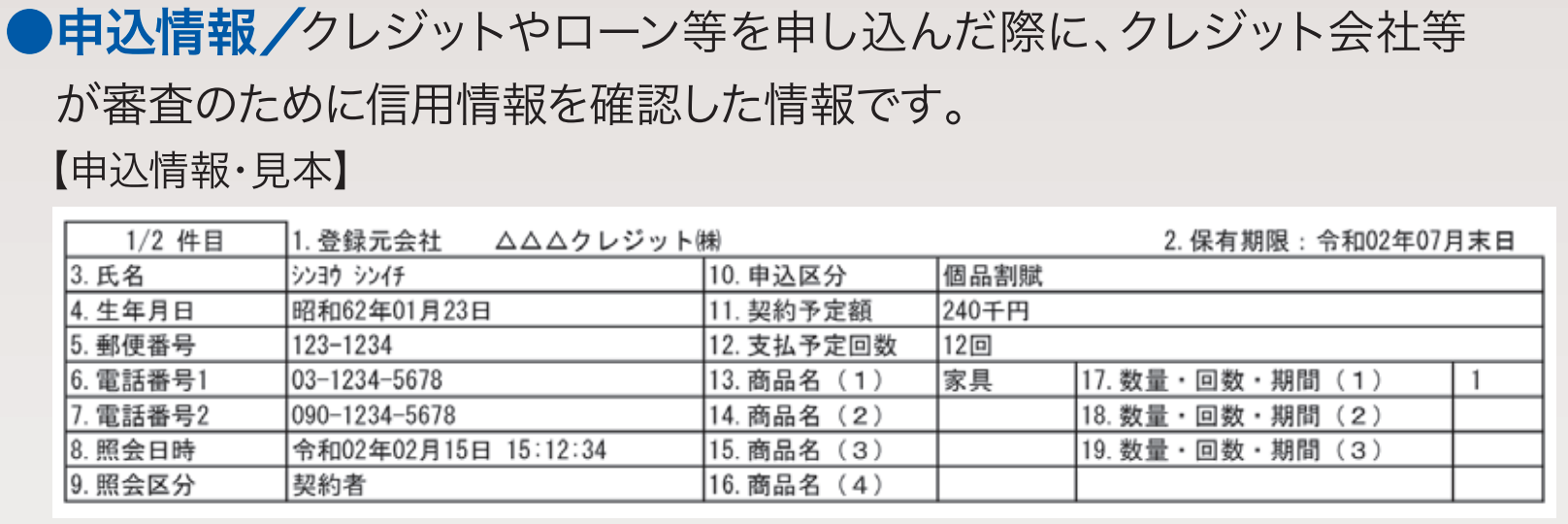 信用情報開示報告書　申込情報